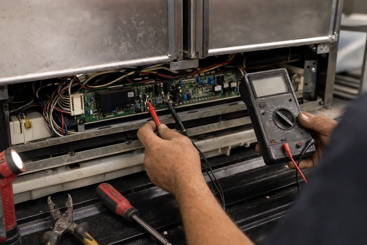 Multimeter probes on a control board and wiring harness behind the removed lower panel of a stainless refrigerator, tools on the floor
