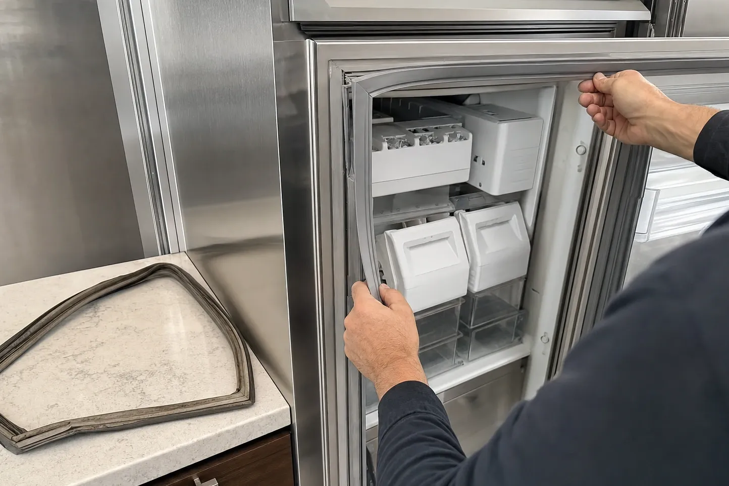 Hands seating a new door gasket into the channel of an open stainless freezer door, the removed gasket on the counter and an ice maker module inside