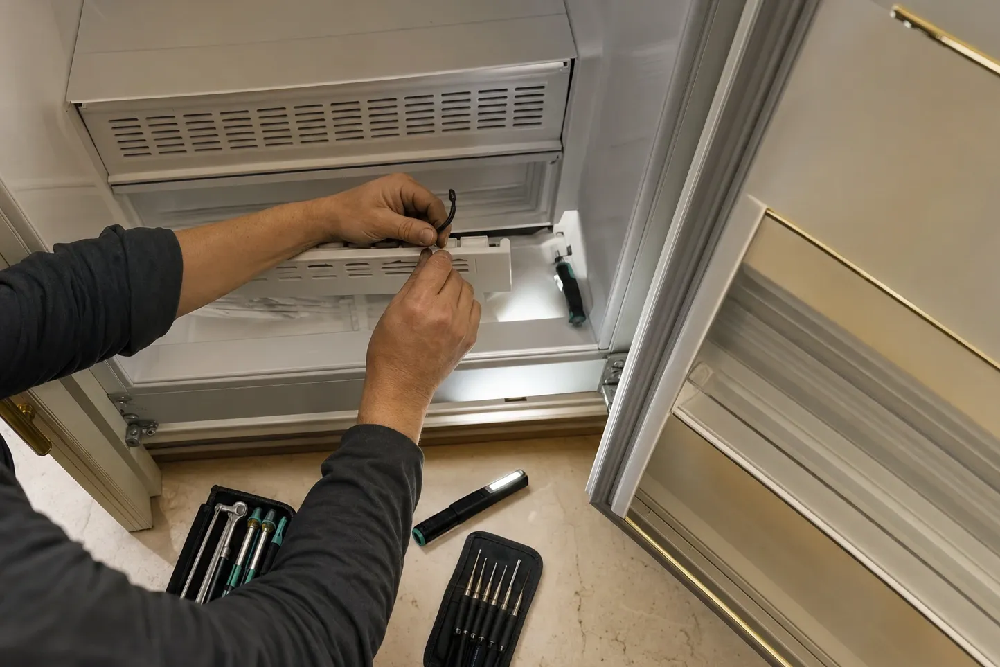 Overhead view of hands working at the base of an open refrigerator interior, air-duct grilles on the rear wall and tool rolls on the floor