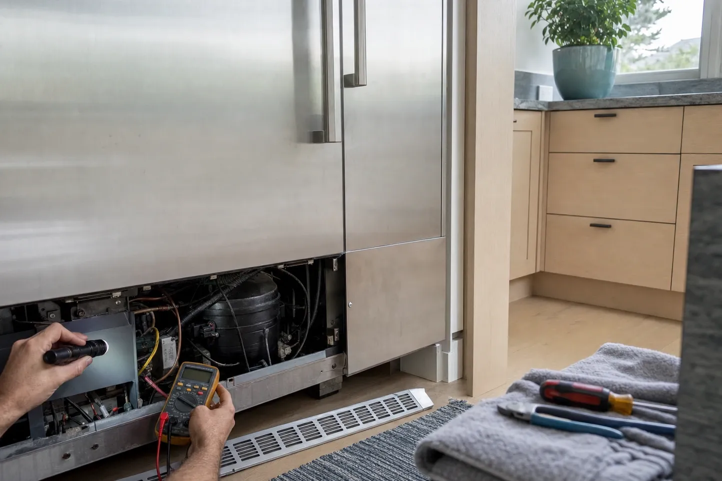 A flashlight and a multimeter held at the open machine compartment under a tall stainless built-in, the compressor and copper tubing lit inside it