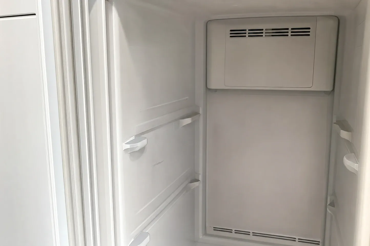 A bare refrigeration interior with every shelf lifted out, the rear evaporator cover and its upper and lower louvres in full view