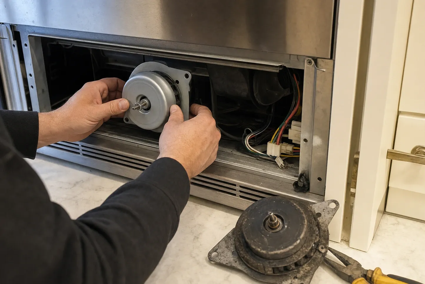 Two hands offering a new fan motor up to the open lower bay of a stainless unit, the grease-blackened old motor lying on the counter below
