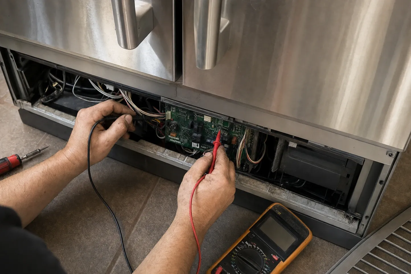 Meter probes held on a green control board behind the removed lower panel of a stainless refrigerator, seen from overhead with the loom alongside
