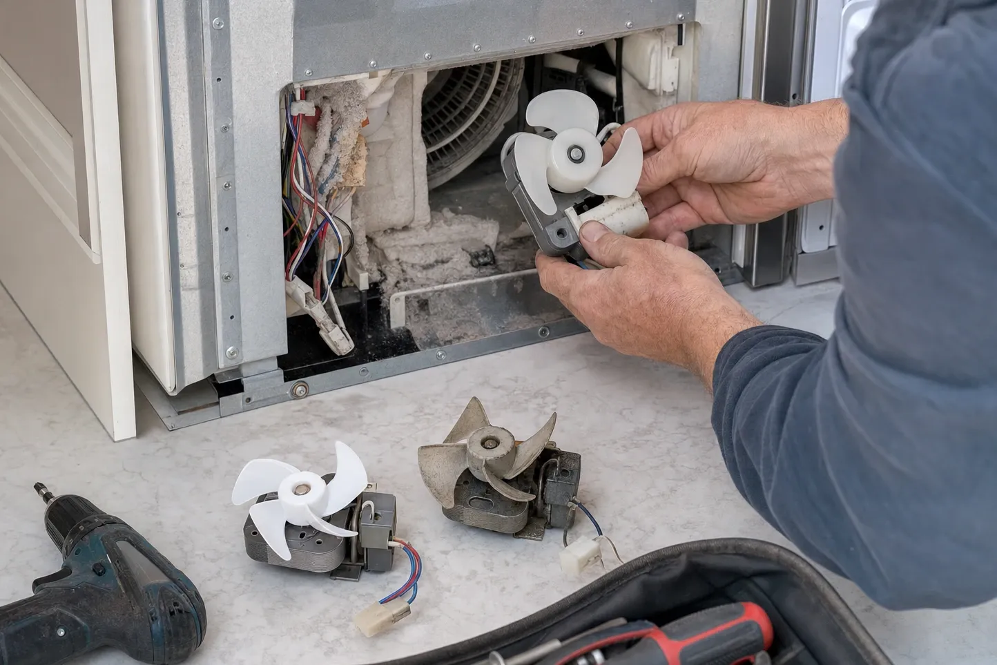 A replacement condenser fan motor held at a machine compartment matted with grey lint, two older motors and a cordless drill on the floor
