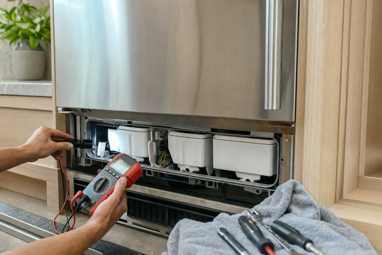 A meter at the open lower bay of a stainless undercounter unit, three white plastic modules lined up inside and screwdrivers on a folded towel