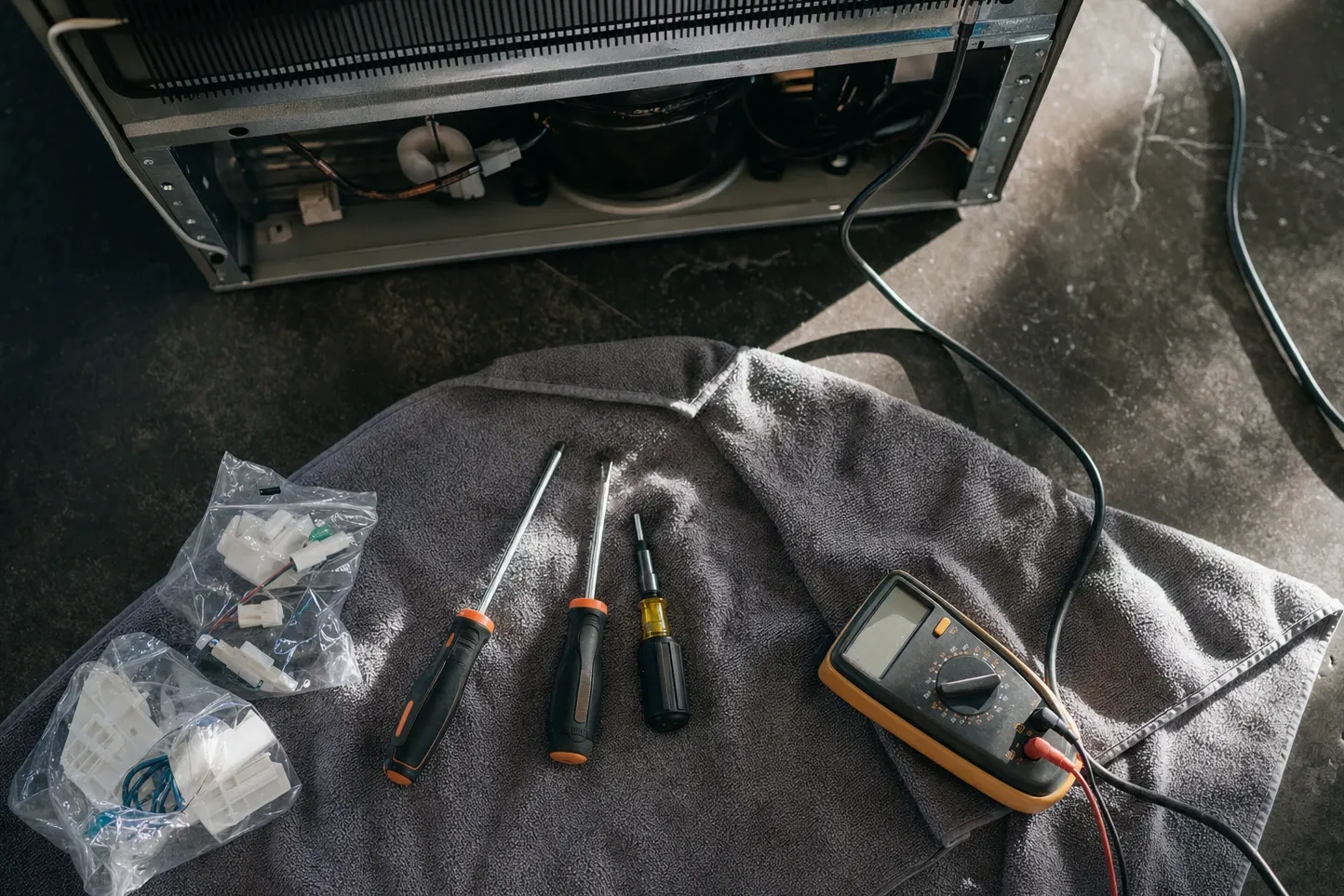 Bagged connector kits, three screwdrivers and a multimeter laid out on a towel, with an undercounter unit pulled out behind showing its coil and compressor